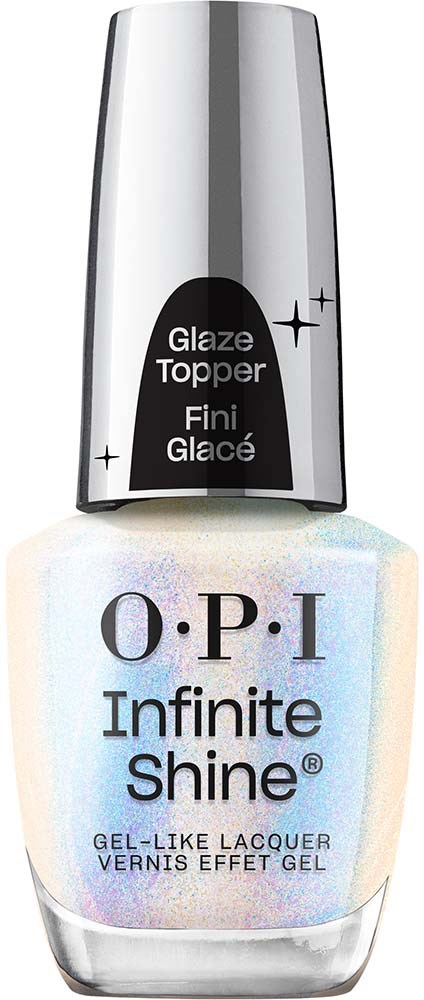 En vit nagellackflaska med silverkork och svart etikett som säger O P I Infinite Shine.