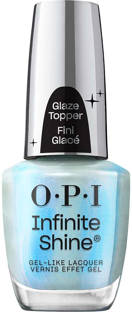 Ljusblå nagellackflaska med silverkork, märkt O.P.I Infinite Shine. Glaze Topper och gel-liknande finish.