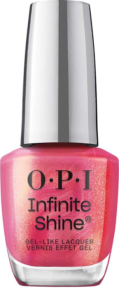 Pink nail polish bottle with silver cap, labeled 'O.P.I Infinite Shine.'