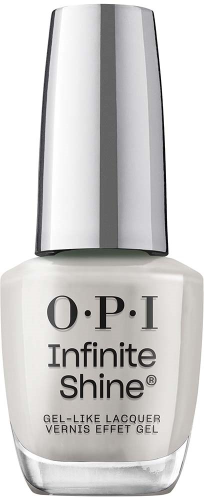 A white nail polish bottle with a silver cap, labeled 'O.P.I Infinite Shine' and 'gel-like lacquer'.