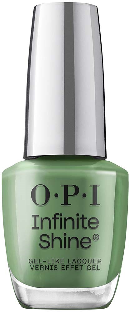 A green nail polish bottle labeled 'O.P.I Infinite Shine,' with a silver cap.