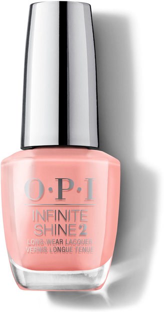 Nagellackflaska i rosa med ett silverlock och texten 'O.P.I Infinite Shine 2' på.