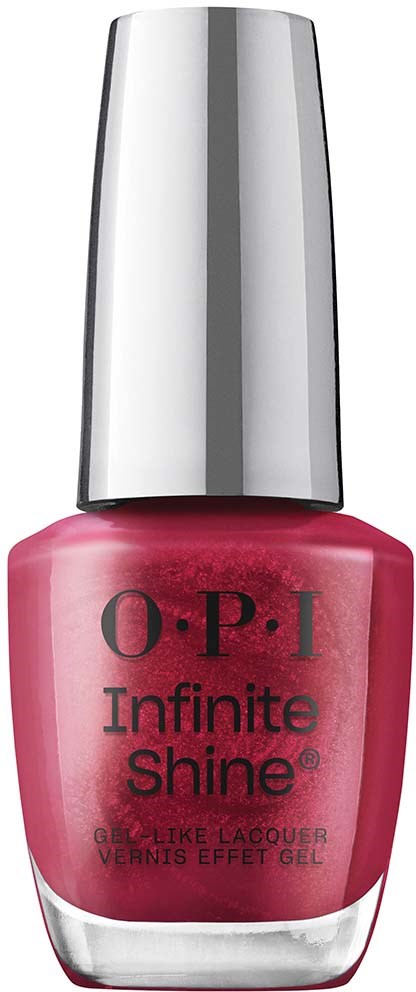 A pink nail polish bottle with a silver cap, labeled 'OPI Infinite Shine' and 'gel-like lacquer'.