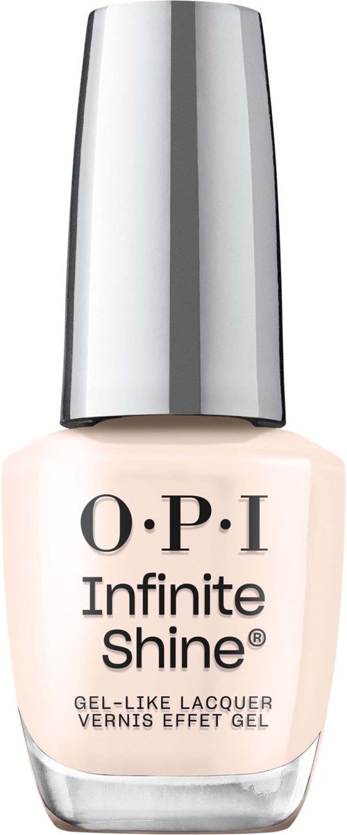 Flaske med OPI Infinite Shine neglelakk med sølvkork og beige væske inni.