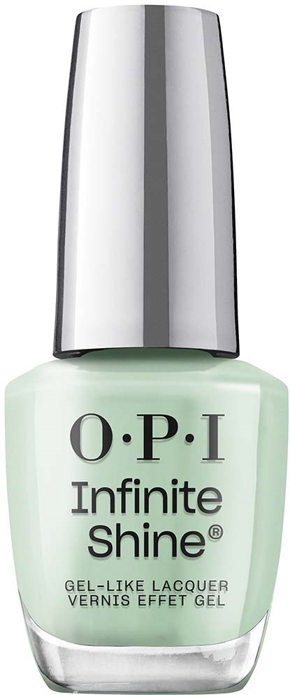A light green nail polish bottle with silver cap, labeled 'O.P.I Infinite Shine' and 'Gel-Like Lacquer'.