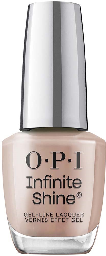 A bottle of OPI Infinite Shine nail polish with a silver cap and beige polish color.