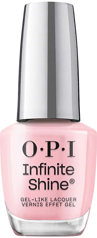 Pink nail polish bottle with a silver cap, labeled 'O.P.I Infinite Shine' and 'Gel-Like Lacquer'.