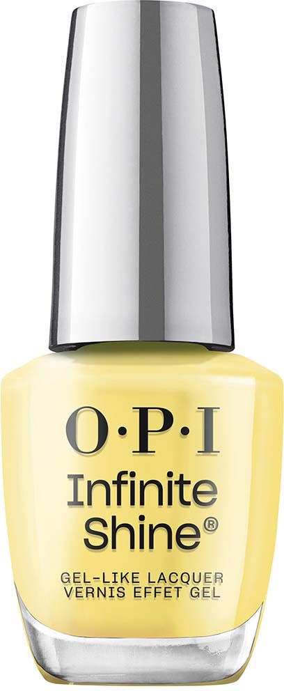 A bottle of yellow nail polish called O.P.I Infinite Shine with a silver cap.