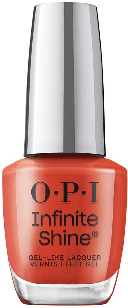 A coral-colored nail polish bottle with a silver cap, labeled O.P.I Infinite Shine, gel-like varnish.