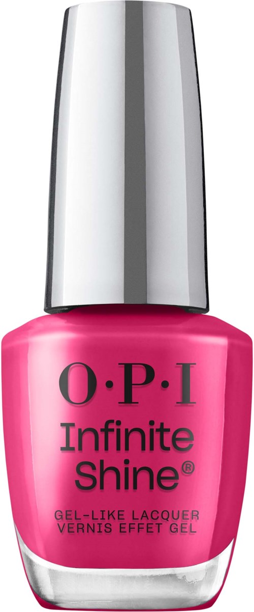 Rosa neglelakkflaske med sølvhette, merket O.P.I Infinite Shine, gel-lignende lakk.