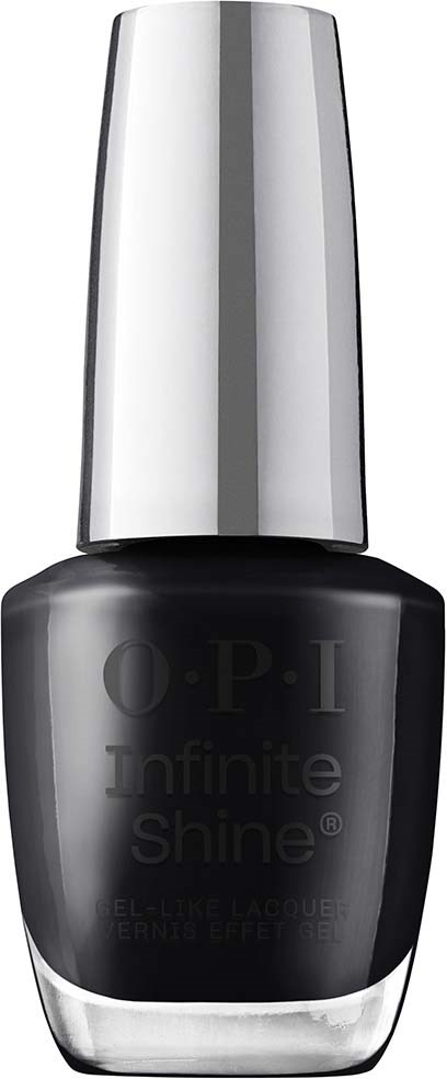 A black nail polish bottle with a silver cap, labeled 'O P I infinite shine'.