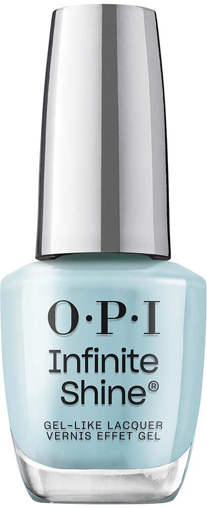 A bottle of light blue nail polish with a silver cap, labeled O.P.I Infinite Shine.