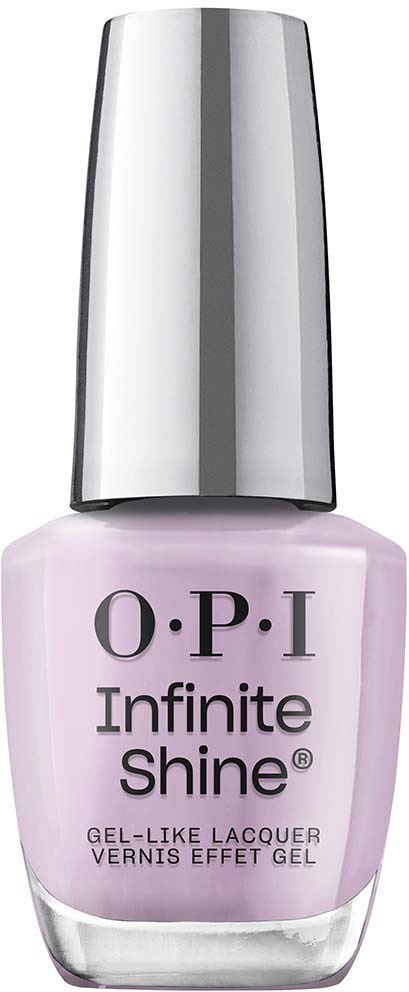 A bottle of O.P.I Infinite Shine nail polish, light purple with silver cap.