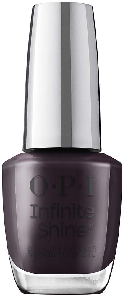 A bottle of dark purple nail polish with a shiny silver cap, labeled 'OPI Infinite Shine'.