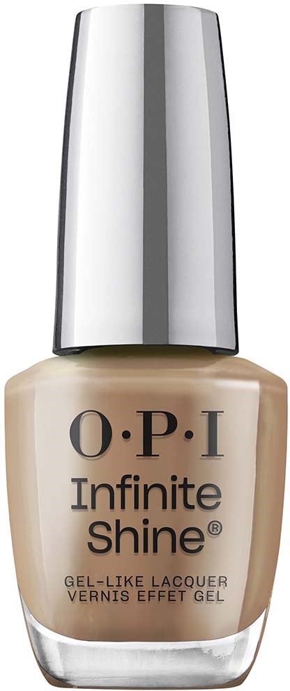 A bottle of O.P.I Infinite Shine nail polish with a beige color and a silver cap.