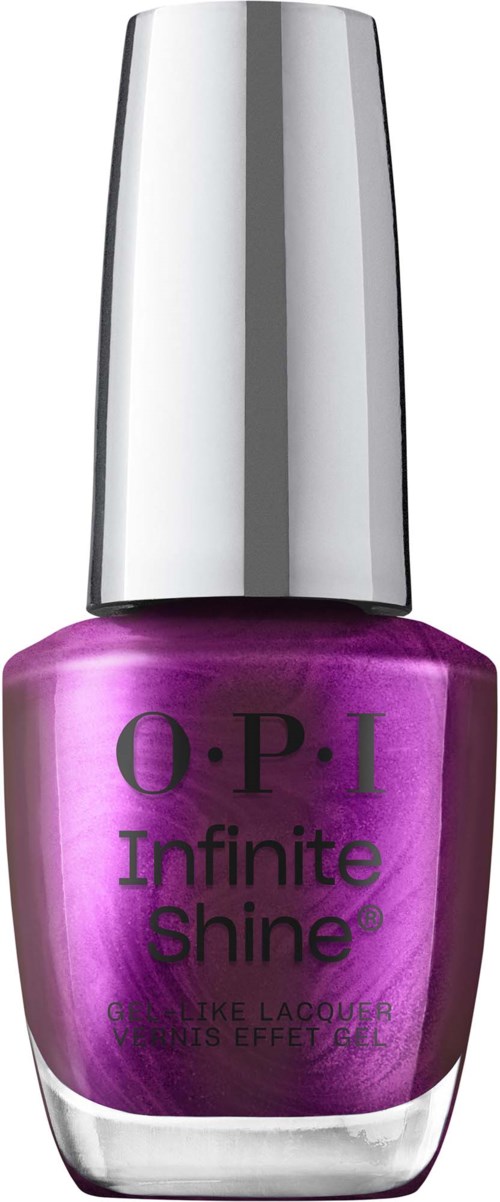 En lilla neglelakkflaske med sølvhette og svart tekst, merket O.P.I Infinite Shine.