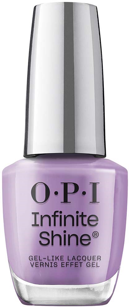 Lavender-colored nail polish bottle with silver cap, labeled ‘O.P.I Infinite Shine.’