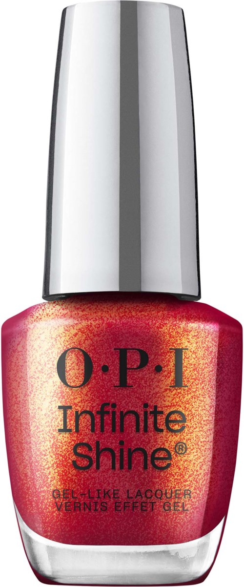 En flaske med OPI Infinite Shine neglelakk i en rød-oransje nyanse med sølvfarget hette.