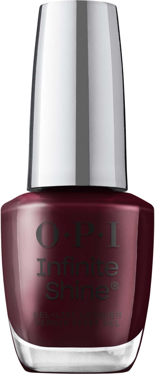 En flaske med OPI Infinite Shine neglelakk i en dyp rosa nyanse med sølvhette.