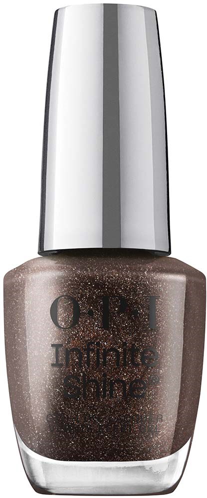 A brown nail polish bottle with a shiny silver cap and glittery finish. The label reads "O.P.I Infinite Shine."