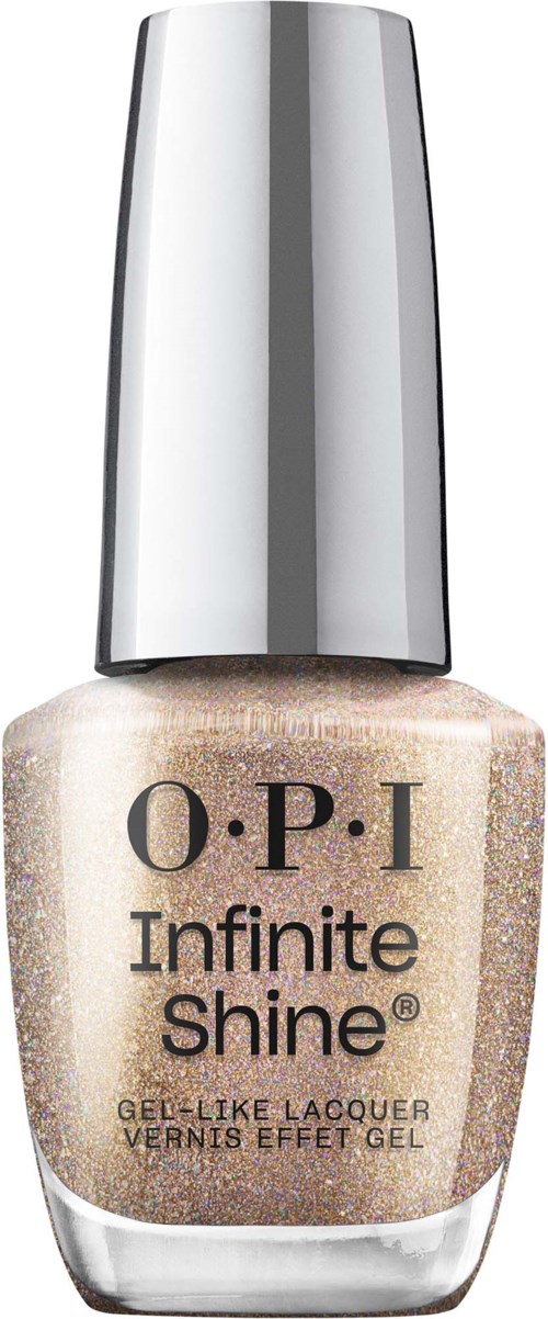 En flaske med OPI Infinite Shine neglelakk med sølvhette og glitterfarge.