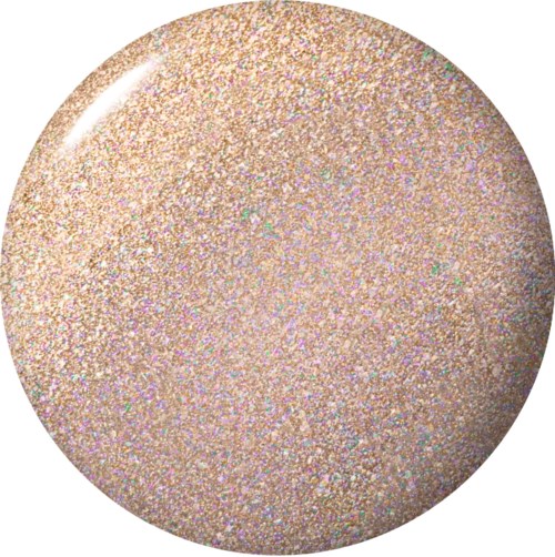 En rund øyenskygge med glittereffekt, champagnefarge og skimrende finish.