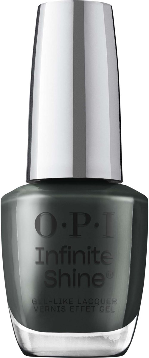 Grå neglelakkflaske med en skinnende sølvhette og svart tekst som sier OPI Infinite Shine.