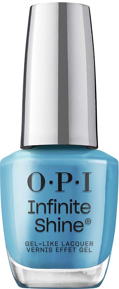 A bottle of light blue nail polish with a silver cap from O.P.I's Infinite Shine line.