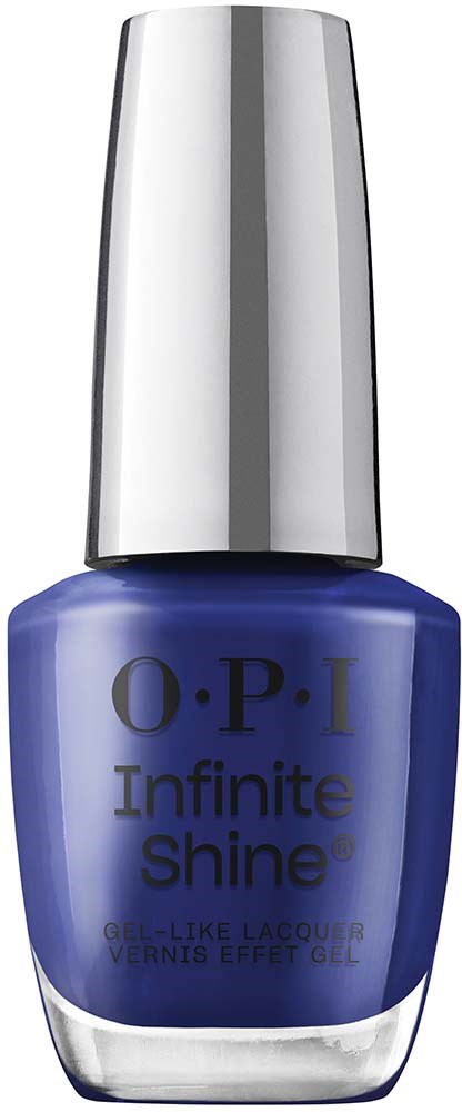 A blue nail polish bottle with a silver cap, labeled "O.P.I Infinite Shine."