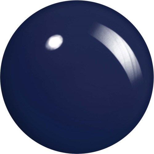 A shiny, dark blue spherical object with a bright small highlight and a curved light reflection.