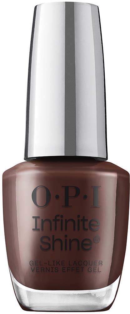 A nail polish bottle with a silver cap and brown liquid inside, labeled 'O.P.I Infinite Shine'.