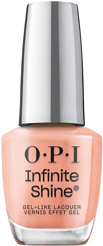 A bottle of O.P.I Infinite Shine nail polish, peach color with a silver cap.