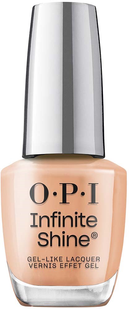 A beige nail polish bottle with a silver cap labeled 'O.P.I Infinite Shine' in black letters.
