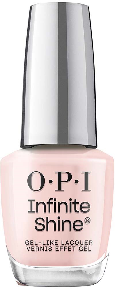 A bottle of OPI Infinite Shine nail polish with a silver cap and light pink color.