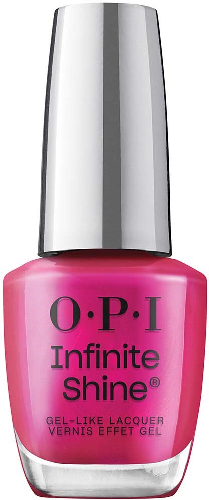 Pink nail polish bottle with silver cap and black text reading "O.P.I Infinite Shine."