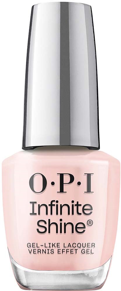 A bottle of O.P.I Infinite Shine nail polish with a silver cap and pink liquid inside.