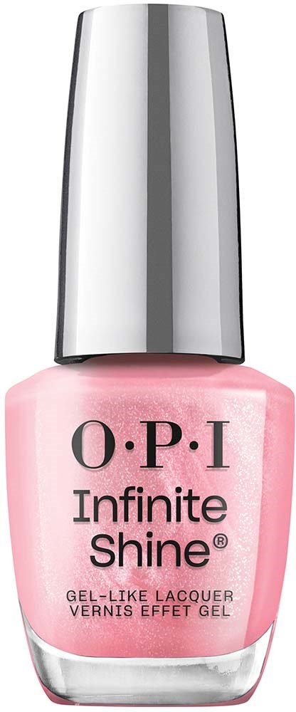 Pink nail polish bottle with a silver cap, labeled 'OPI Infinite Shine' and 'Gel-like Lacquer.'