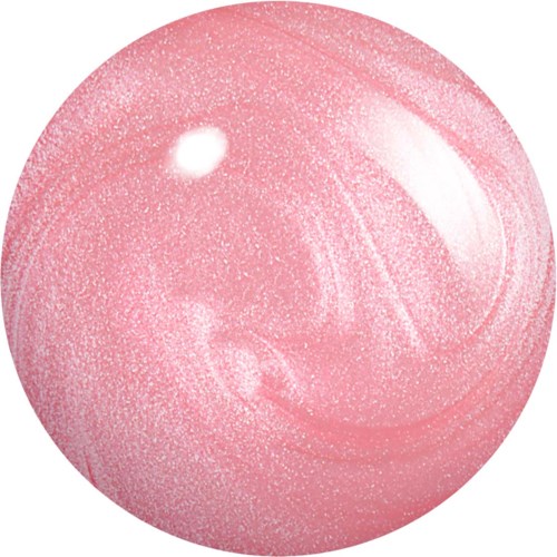 A shiny, pink, glittery spherical object with bright reflections and swirls on its surface.
