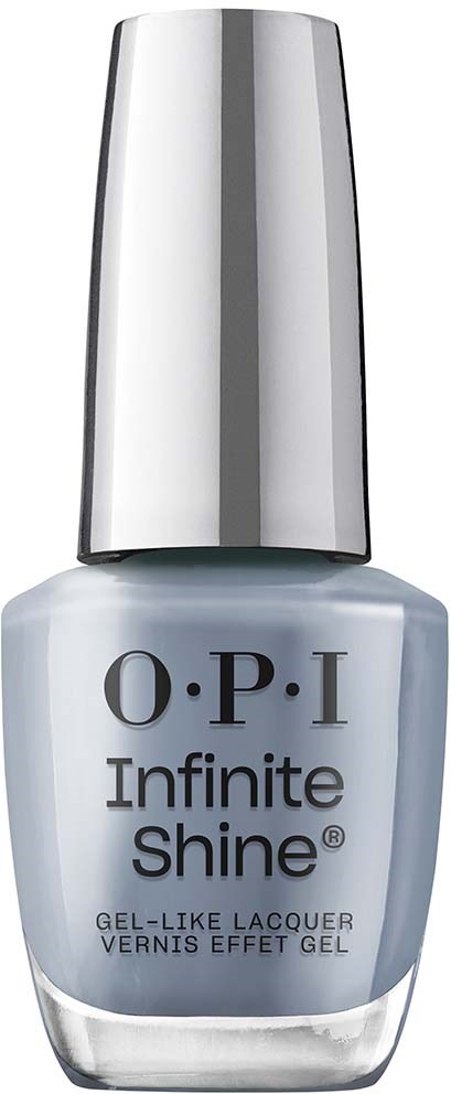 A bottle of O.P.I Infinite Shine nail polish in a light gray color with a silver cap.