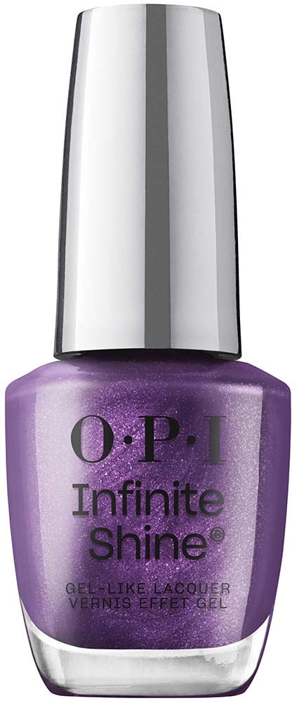 A purple nail polish bottle with a silver cap, labeled 'O.P.I Infinite Shine' and 'Gel-Like Lacquer.'