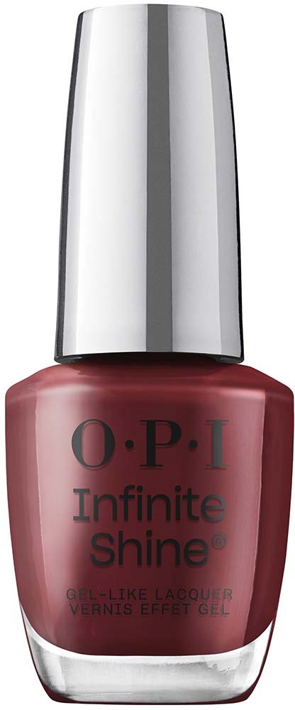A bottle of red nail polish with a silver cap and black text that says 'O.P.I Infinite Shine'.