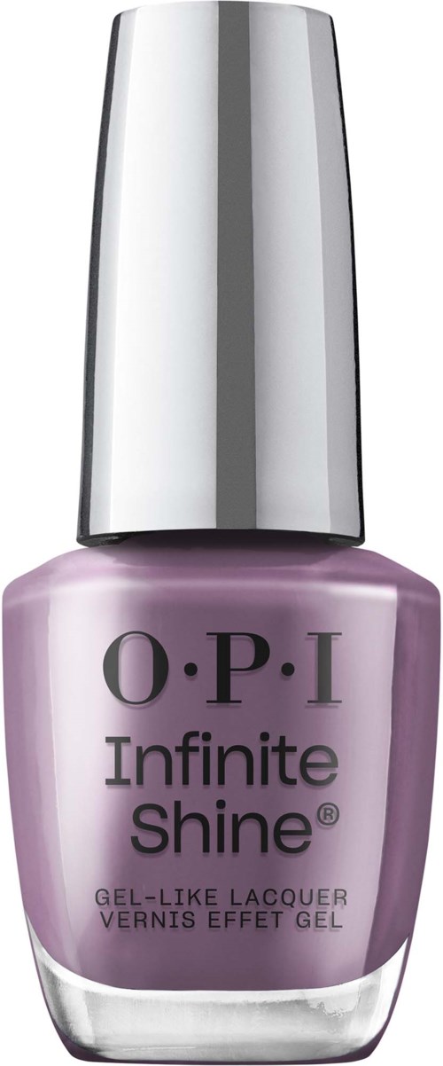 Lilla neglelakkflaske med sølvhatt, merket O.P.I Infinite Shine Garnish. Teksten viser at det er gelaktig.