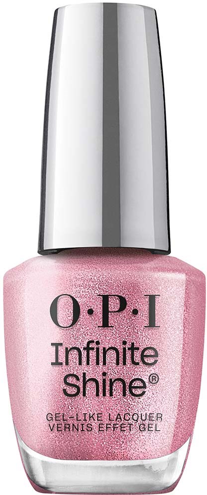 A pink nail polish bottle with silver cap, labeled "O.P.I Infinite Shine."