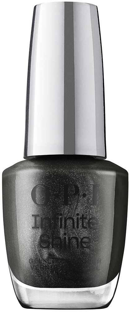 A silver nail polish bottle with a black label and silver cap.