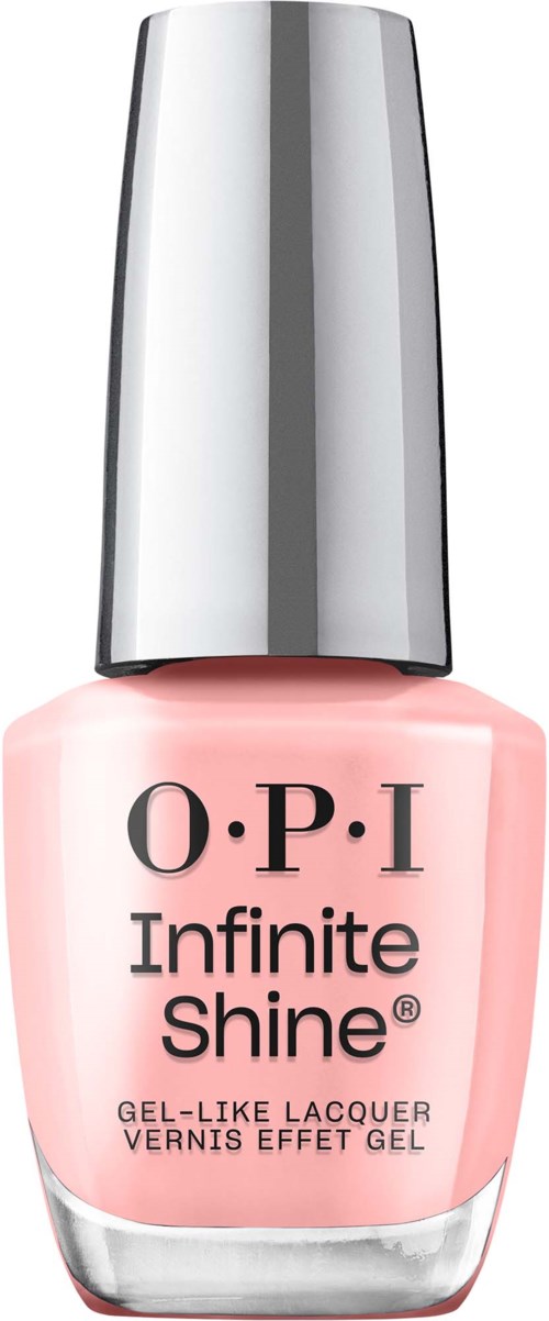 Rosa neglelakkflaske med sølvkappe, merket OPI Infinite Shine, gel-lignende lakk.