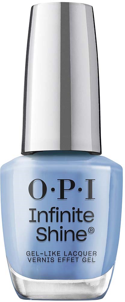 A blue nail polish bottle with a silver cap and black text saying "O.P.I Infinite Shine."