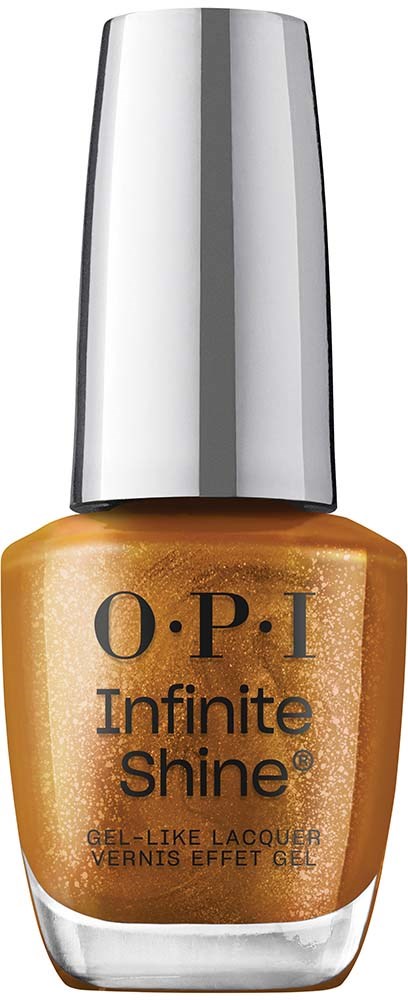 A bottle of O.P.I Infinite Shine nail polish in a shiny gold color with a silver cap.