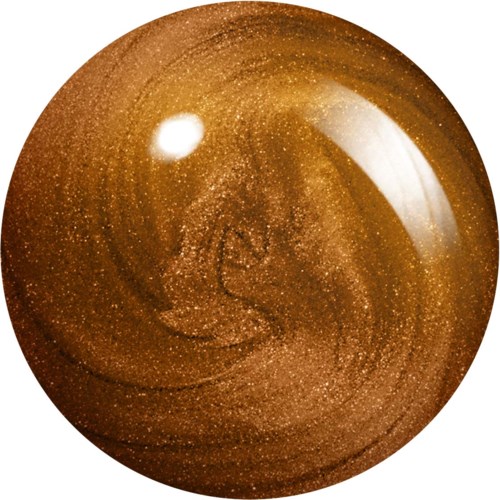 A shiny, round, brown object with sparkling, swirling patterns inside, resembling a polished gemstone or ornament.