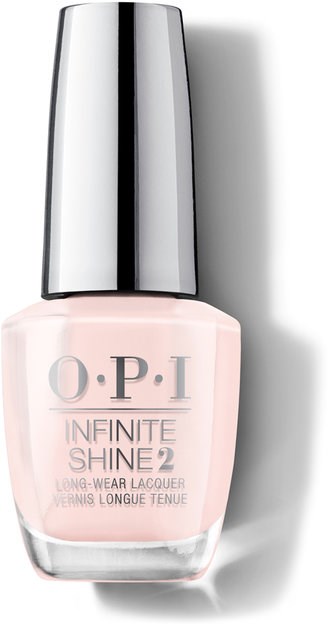 Ljusrosa nagellackflaska med silverlock, märkt "O.P.I Infinite Shine 2" för långvarigt bruk.