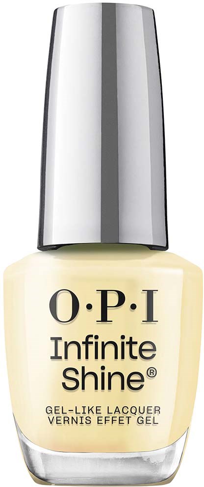 A nail polish bottle labeled 'O.P.I Infinite Shine' with a silver cap and light yellow polish.